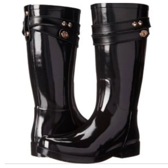 Coach Talia Rain Boots Black Glossy Knee High Rubber Riding Boots Women’s Size 7 - Picture 2 of 12